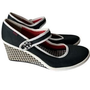 KEDS Mary Jane Gingham Wedge Shoes Strap Button Retro Black White Size 8.5